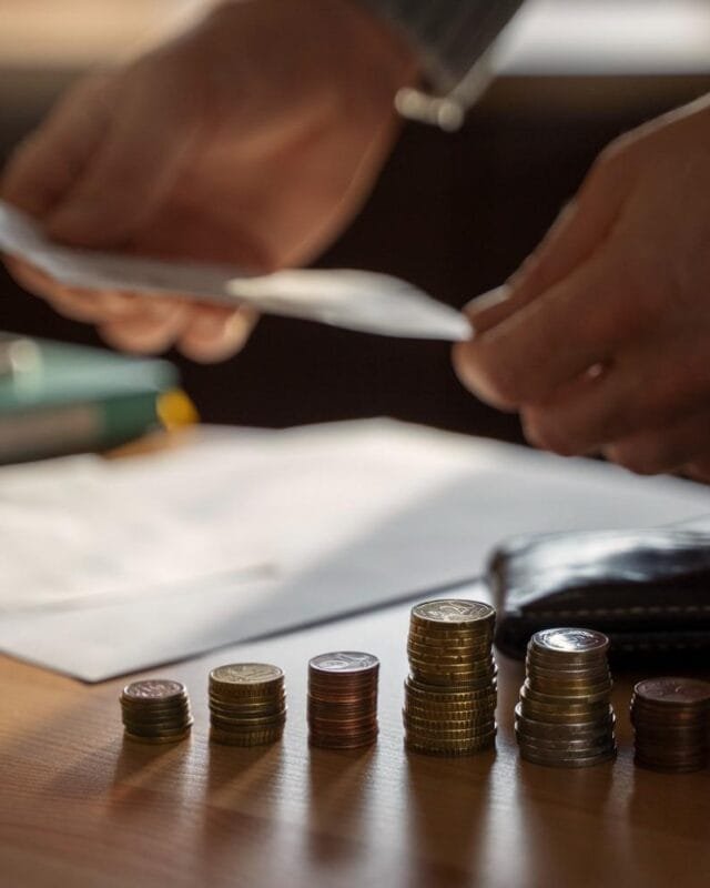 Asia M&A Private Equity Momentum: A person's hands sort bills while organizing stacked coins on a wooden table, with papers and a wallet visible in the background.