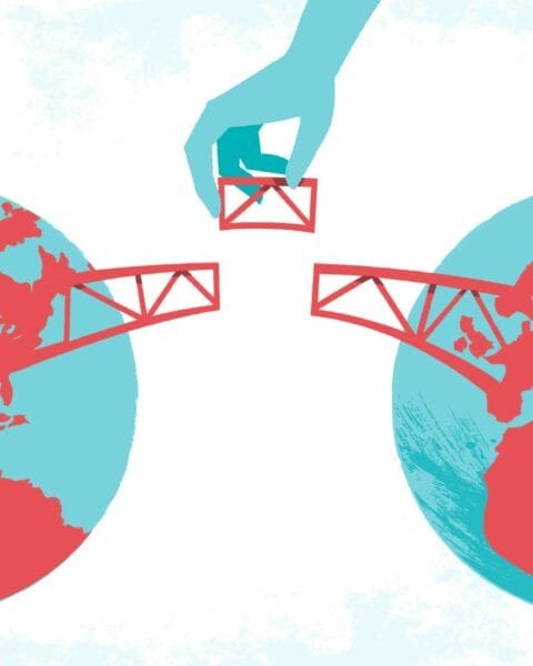 Asia M&A Cross-Border Digitization: A hand places a red bridge between two blue-globes, symbolizing connection across continents.