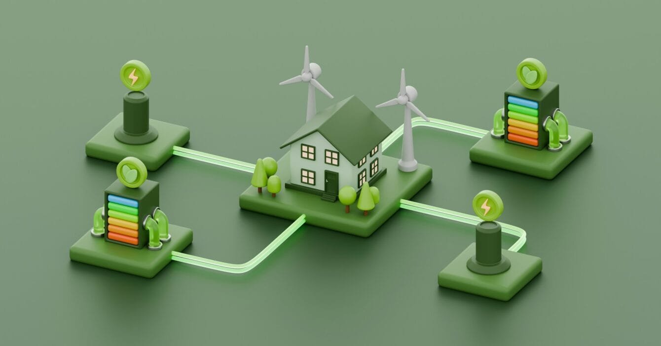 Asia M&A Technology Focus: A green energy ecosystem featuring a house, wind turbines, and energy storage units connected by glowing lines, symbolizing sustainability.
