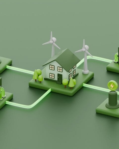 Asia M&A Technology Focus: A green energy ecosystem featuring a house, wind turbines, and energy storage units connected by glowing lines, symbolizing sustainability.