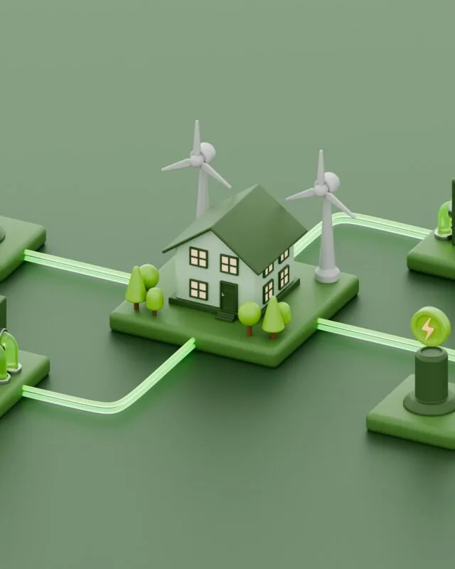 hartono-creative-studio-RaLEtHJ0vpA-unsplash Asia M&A Technology Focus: A green energy ecosystem featuring a house, wind turbines, and energy storage units connected by glowing lines, symbolizing sustainability.