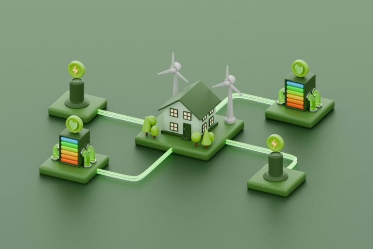 Asia M&A Technology Focus: A green energy ecosystem featuring a house, wind turbines, and energy storage units connected by glowing lines, symbolizing sustainability.