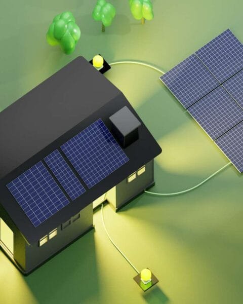 Asia M&A in Energy & Tech: A stylized house with solar panels, connected by a green cable to a small light source, set on a green background with trees.